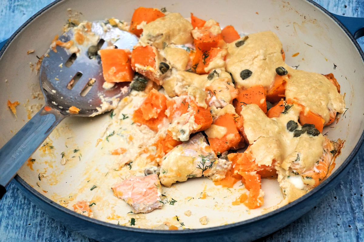 Tahini Salmon And Sweet Potato Bake Recipe Cuisine Fiend